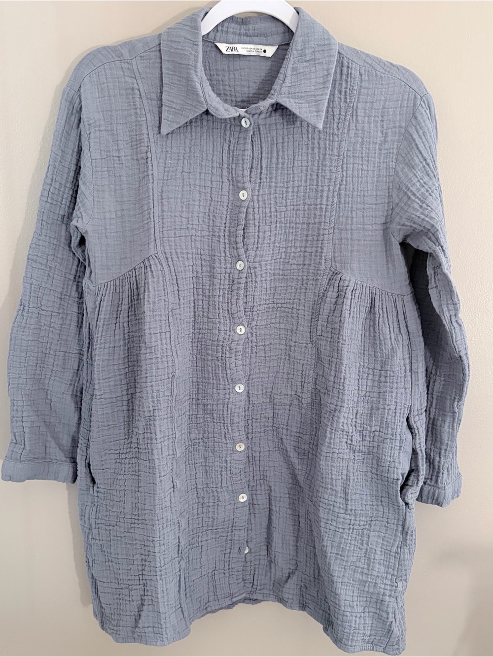 ZARA Blue Cotton Gauze Mini Shirt Dress XS Long Sleeve Button Down